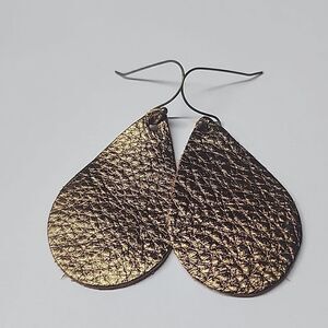 Brown Metallic Teardrop Leather Earrings
